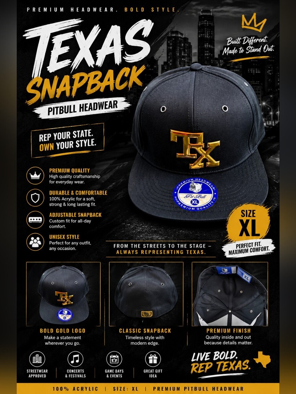 TEXAS Snapback Black Hat – Premium Pitbull Headwear